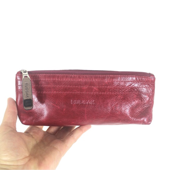 Red Leather RUDSAK Baina Cosmetic Pouch Small Bag Clutch Distressed Pencil Case - Picture 2 of 8